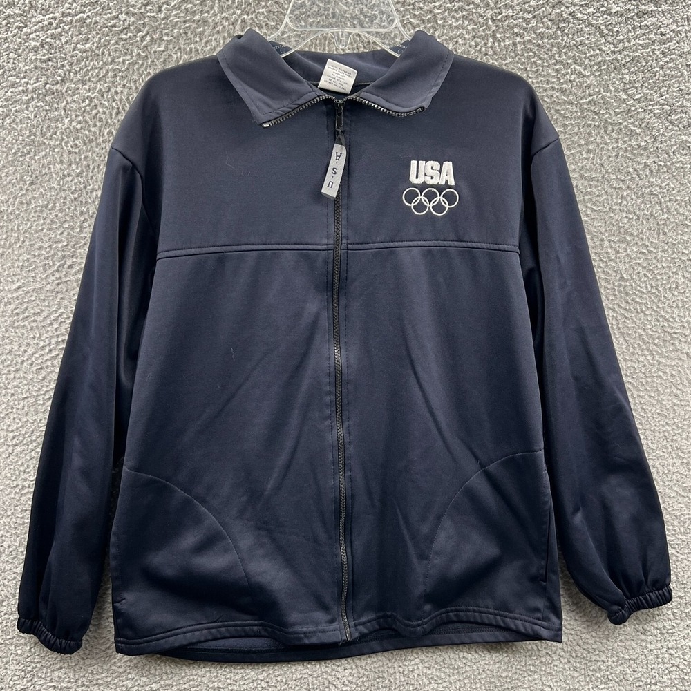 Vintage USA Olympic Team Jacket L Navy Full Zip Embroidered Logo Athletic Warmup
